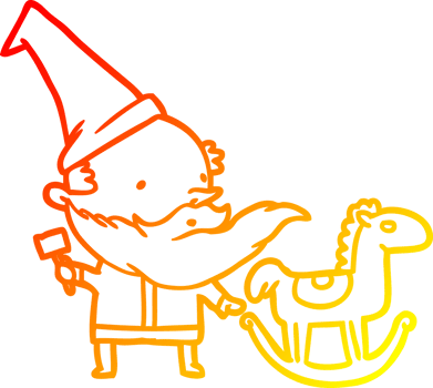 warm gradient line drawing of a santa or elf making a rocking horse png