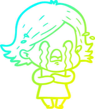 cold gradient line drawing of a cartoon woman crying png