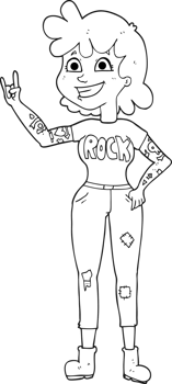 hand drawn black and white cartoon rock girl png