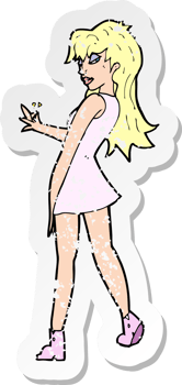 retro distressed sticker of a cartoon woman posing in dress drawing png
