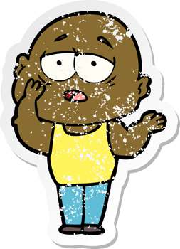 distressed sticker of a cartoon tired bald man png