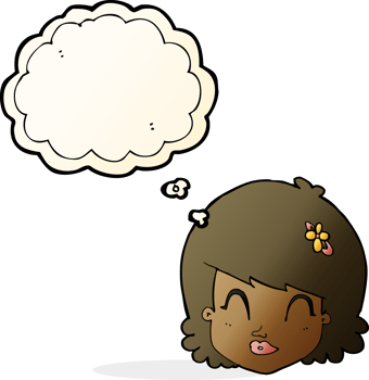 cartoon happy female face with thought bubble png