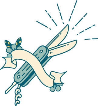 scroll banner with tattoo style folding knife png