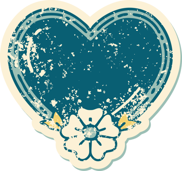 iconic distressed sticker tattoo style image of a heart and flower png