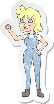 retro distressed sticker of a cartoon determined woman clenching fist png