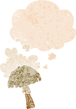 cartoon mushroom with spore cloud with thought bubble in grunge distressed retro textured style png