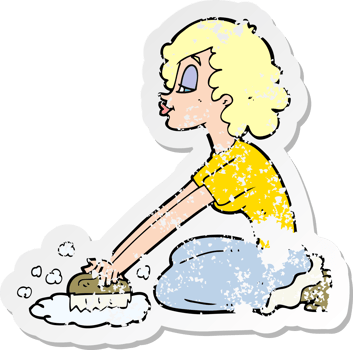 retro distressed sticker of a cartoon woman scrubbing floor drawing png