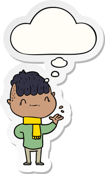 cartoon friendly boy with thought bubble as a printed sticker png