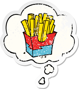cartoon fries with thought bubble as a distressed worn sticker png