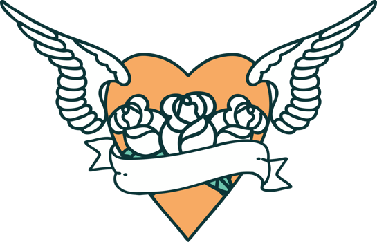 iconic tattoo style image of heart with wings flowers and banner png
