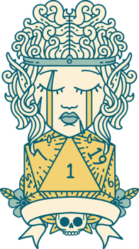 Retro Tattoo Style sad elf barbarian character with natural one roll png