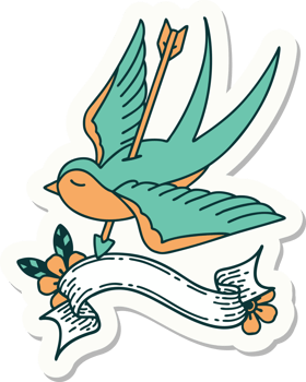 tattoo style sticker with banner of a swallow shot through with arrow png