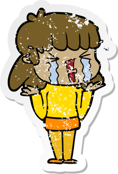 distressed sticker of a cartoon woman in tears png