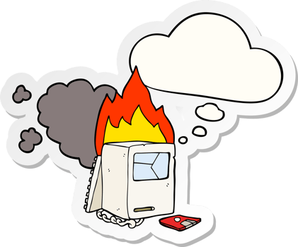 cartoon broken computer with thought bubble as a printed sticker png
