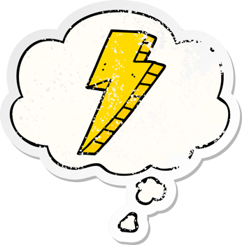 cartoon lightning bolt with thought bubble as a distressed worn sticker png