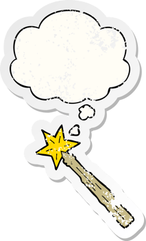 cartoon magic wand with thought bubble as a distressed worn sticker png