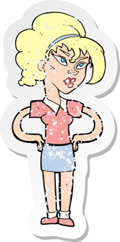 retro distressed sticker of a cartoon woman with hands on hips drawing png