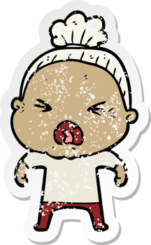 distressed sticker of a cartoon angry old woman png