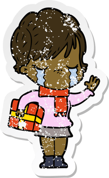 distressed sticker of a cartoon woman crying png
