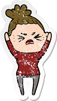 distressed sticker of a cartoon angry woman png