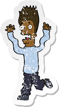 retro distressed sticker of a cartoon terrified man png