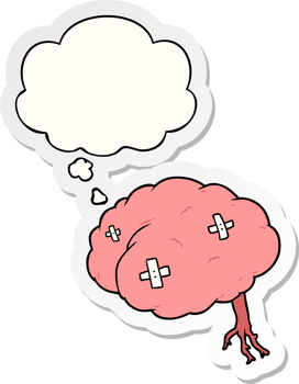cartoon injured brain with thought bubble as a printed sticker png