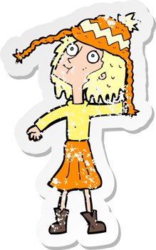 retro distressed sticker of a cartoon woman wearing winter hat png
