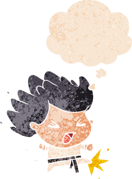 cartoon kicking karate champ with thought bubble in grunge distressed retro textured style png