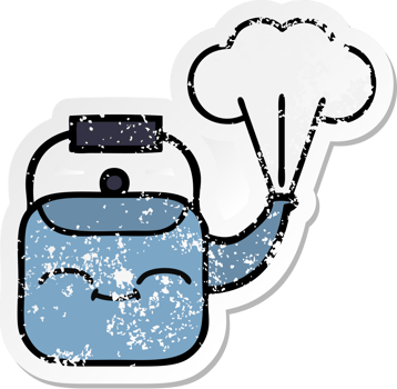 distressed sticker of a cute cartoon steaming kettle png