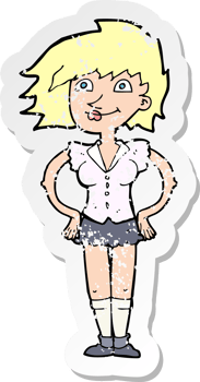 retro distressed sticker of a cartoon woman with hands on hips drawing png