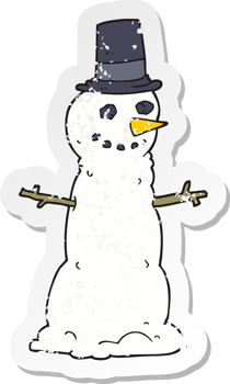 retro distressed sticker of a cartoon snowman in top hat png