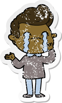 distressed sticker of a cartoon man crying png