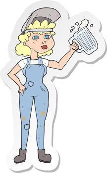 sticker of a cartoon hard working woman with beer png
