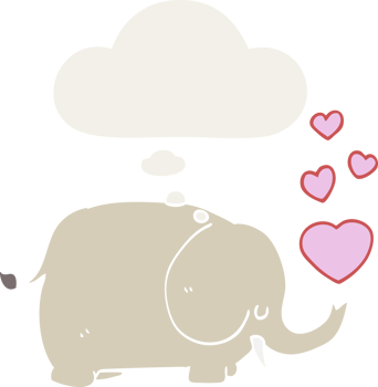 cute cartoon elephant with love hearts with thought bubble in retro style png
