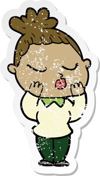 distressed sticker of a cartoon calm woman png