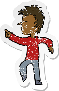 retro distressed sticker of a cartoon man pointing png