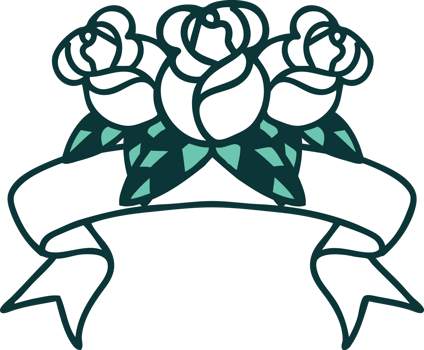 traditional tattoo with banner of a bouquet of flowers png