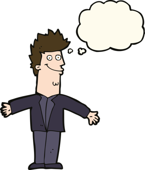 cartoon happy man with open arms with thought bubble png