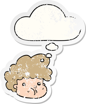 cartoon boy with thought bubble as a distressed worn sticker png