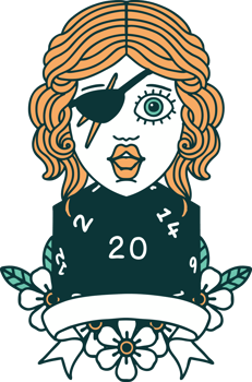 Retro Tattoo Style human rogue with natural 20 dice roll png