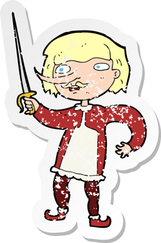 retro distressed sticker of a cartoon musketeer drawing png