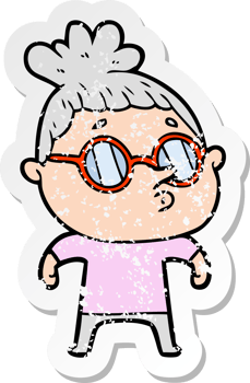 distressed sticker of a cartoon woman wearing glasses png