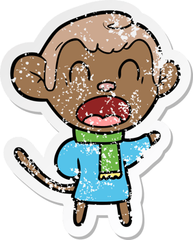 distressed sticker of a shouting cartoon monkey wearing scarf png