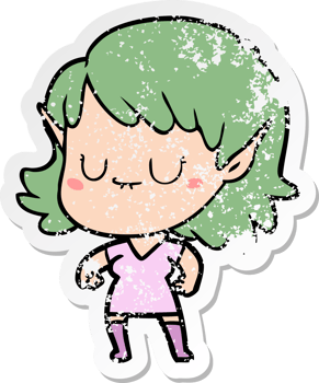 distressed sticker of a happy cartoon elf girl png