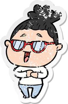 distressed sticker of a cartoon happy woman wearing spectacles png