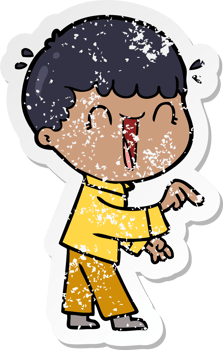 distressed sticker of a laughing cartoon man pointing finger png