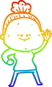 rainbow gradient line drawing of a cartoon happy old woman png