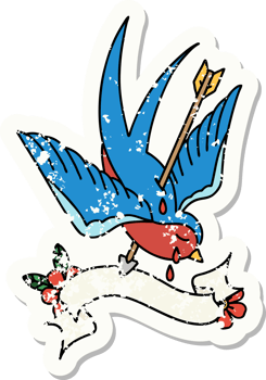 worn old sticker with banner of a swallow crying png