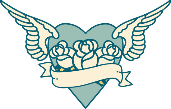 iconic tattoo style image of heart with wings flowers and banner png