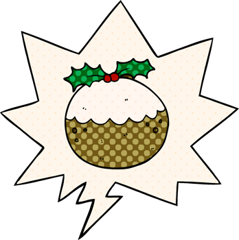 cartoon christmas pudding with speech bubble in comic book style png
